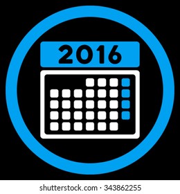 2016 Month Organizer vector icon. Style is bicolor flat circled symbol, blue and white colors, rounded angles, black background.