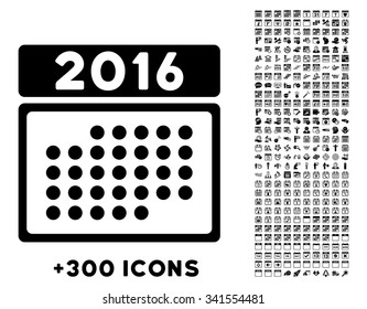 2016 Month Organizer vector pictogram with additional 300 date and time management icons. Style is flat symbols, black color, rounded angles, white background.