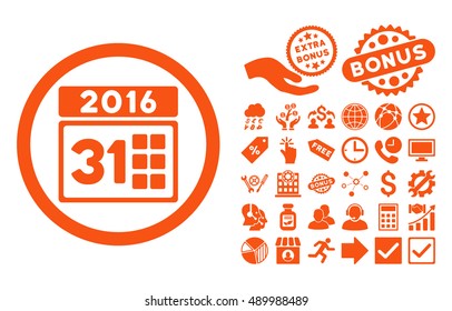 2016 Month pictograph with bonus clip art. Vector illustration style is flat iconic symbols, orange color, white background.