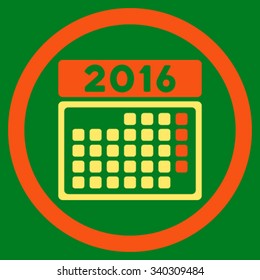 2016 Month Plan vector icon. Style is bicolor flat circled symbol, orange and yellow colors, rounded angles, green background.