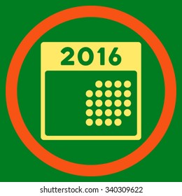 2016 Month Plan vector icon. Style is bicolor flat circled symbol, orange and yellow colors, rounded angles, green background.