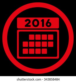 2016 Month Plan vector icon. Style is flat circled symbol, red color, rounded angles, black background.