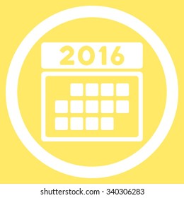 2016 Month Syllabus vector icon. Style is flat circled symbol, white color, rounded angles, yellow background.