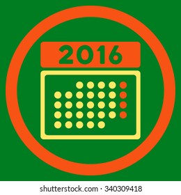 2016 Month Syllabus vector icon. Style is bicolor flat circled symbol, orange and yellow colors, rounded angles, green background.