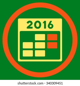 2016 Month Syllabus vector icon. Style is bicolor flat circled symbol, orange and yellow colors, rounded angles, green background.
