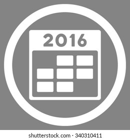 2016 Month Syllabus vector icon. Style is flat circled symbol, white color, rounded angles, gray background.