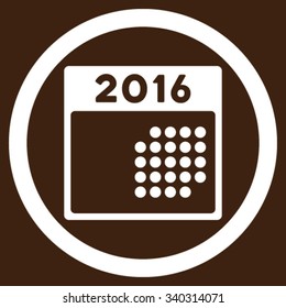 2016 Month Syllabus vector icon. Style is flat circled symbol, white color, rounded angles, brown background.