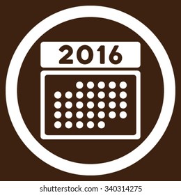 2016 Month Syllabus vector icon. Style is flat circled symbol, white color, rounded angles, brown background.