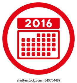 2016 Month Syllabus vector icon. Style is flat circled symbol, red color, rounded angles, white background.