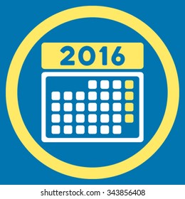 2016 Month Syllabus vector icon. Style is bicolor flat circled symbol, yellow and white colors, rounded angles, blue background.