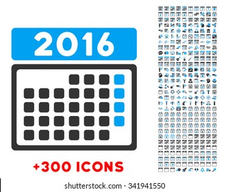 2016 Month Syllabus vector pictogram with additional 300 date and time management icons. Style is bicolor flat symbols, blue and gray colors, rounded angles, white background.