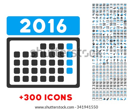 2016 Month Syllabus vector pictogram with additional 300 date and time management icons. Style is bicolor flat symbols, blue and gray colors, rounded angles, white background.