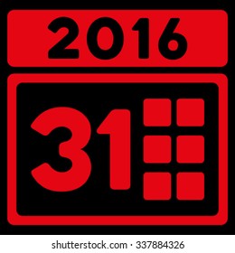 2016 Month vector icon. Style is flat symbol, red color, rounded angles, black background.