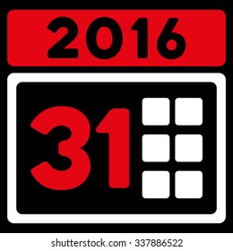 2016 Month vector icon. Style is bicolor flat symbol, red and white colors, rounded angles, black background.
