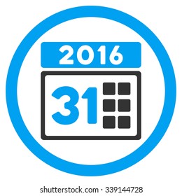 2016 Month vector icon. Style is bicolor flat circled symbol, blue and gray colors, rounded angles, white background.