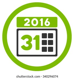 2016 Month vector icon. Style is bicolor flat circled symbol, eco green and gray colors, rounded angles, white background.