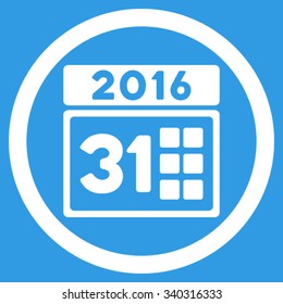 2016 Month vector icon. Style is flat circled symbol, white color, rounded angles, blue background.