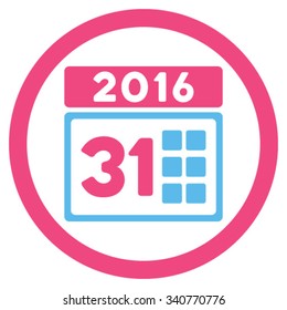2016 Month vector icon. Style is bicolor flat circled symbol, pink and blue colors, rounded angles, white background.
