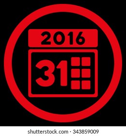 2016 Month vector icon. Style is flat circled symbol, red color, rounded angles, black background.
