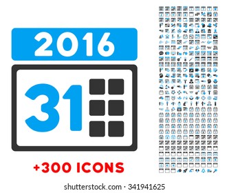 2016 Month vector pictogram with additional 300 date and time management icons. Style is bicolor flat symbols, blue and gray colors, rounded angles, white background.