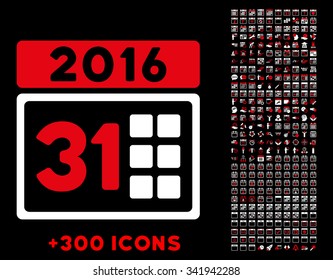 2016 Month vector pictogram with additional 300 date and time management icons. Style is bicolor flat symbols, red and white colors, rounded angles, black background.