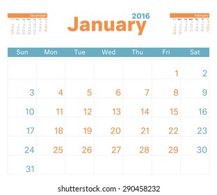 2016 monthly calendar planner for January.