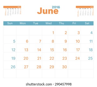 2016 monthly calendar planner for June.