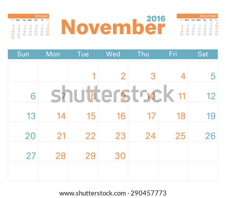2016 monthly calendar planner for November.