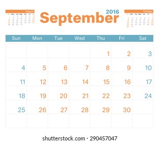 2016 monthly calendar planner for September.