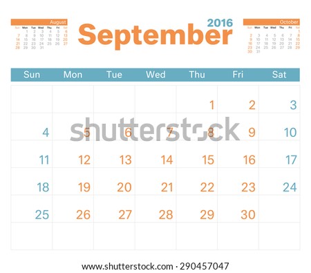 2016 monthly calendar planner for September.
