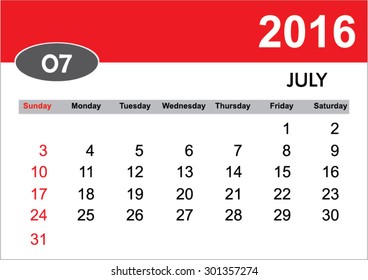 2016 Monthly July Calendar