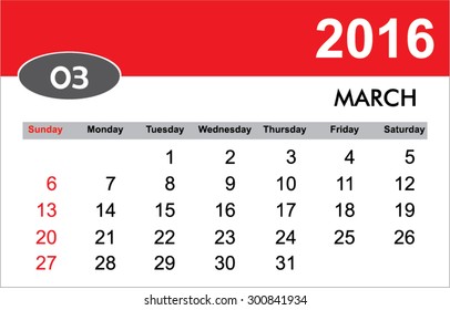2016 Monthly March Calendar