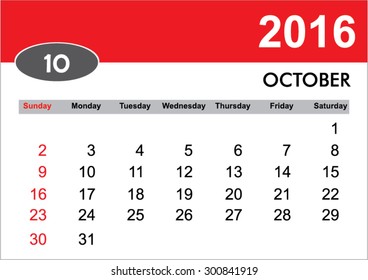 2016 Monthly October Calendar