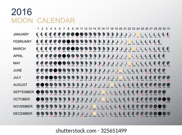 2016 Moon Phases Calendar. Vector Illustration.