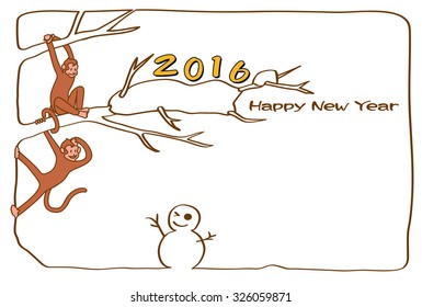 2016, New Yearâ??s card of year of the monkey. The monkey and snowman. (The postcard template is the horizontal and is the illustration of the left position layout, and the white background.) 