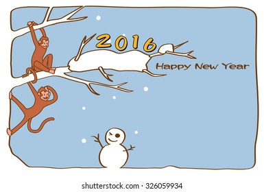2016, New Yearâ??s card of year of the monkey. The monkey and snowman. (The postcard template is the horizontal and is the illustration of the left position layout, and the light blue background.) 