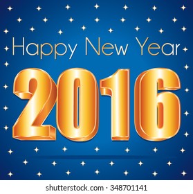 2016 New Year 3d gold numbers on a blue festive starry vector background.