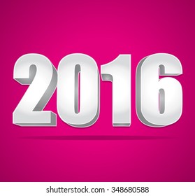 2016 New Year 3d silver numbers on a pink vector background.