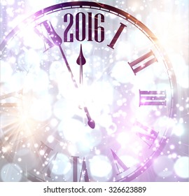 2016 New Year background with clock. Vector paper illustration.