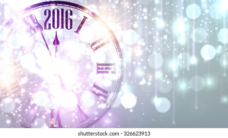 2016 New Year background with clock. Vector paper illustration.