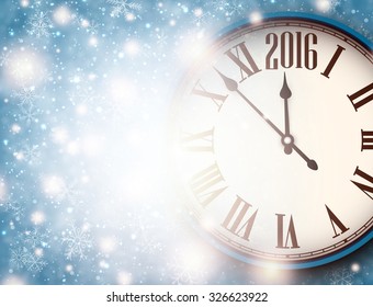 2016 New Year background with clock and snowflakes. Vector illustration.