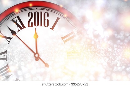 2016 New Year background with clock. Vector paper illustration.