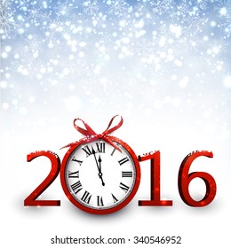 2016 New Year background with clock. Vector paper illustration.