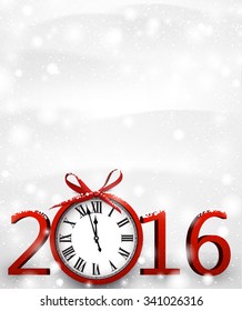 2016 New Year background with clock. Vector paper illustration.