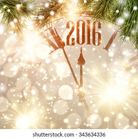 2016 New Year background with clock and fir branches. Vector illustration.