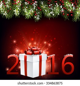 2016 New Year background with fir branches and gift. Vector illustration.

