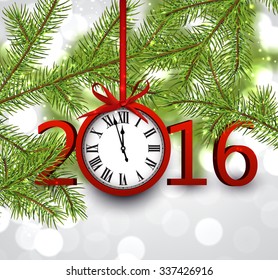 2016 New Year background with fir branch and clock. Vector illustration.