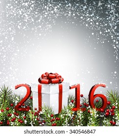 2016 New Year background with fir branch and gift. Vector illustration.