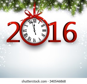 2016 New Year background with fir branch and clock. Vector illustration.