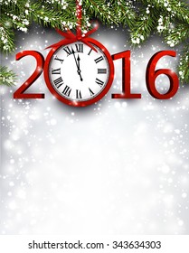 2016 New Year background with fir branch and clock. Vector illustration.